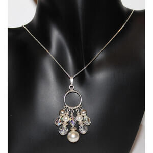 Vintage 925 Italy Crystal & Faux Pearl Dangle Pendant Necklace 26” Sterling